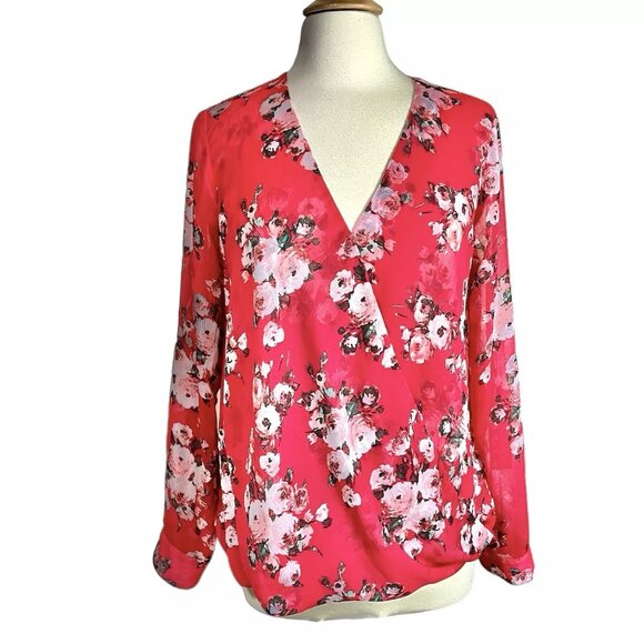 KUT From The Kloth Shirt Top L Roll Tab Sheer Colorful Floral Red Faux Wrap - Picture 1 of 8